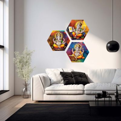 3 Piece Lord Ganesha Hexagon Wall Art Decoration Religious Art for Positivity UV Textured Spiritual Decor for Living Room, Home Temple and Office Paintings